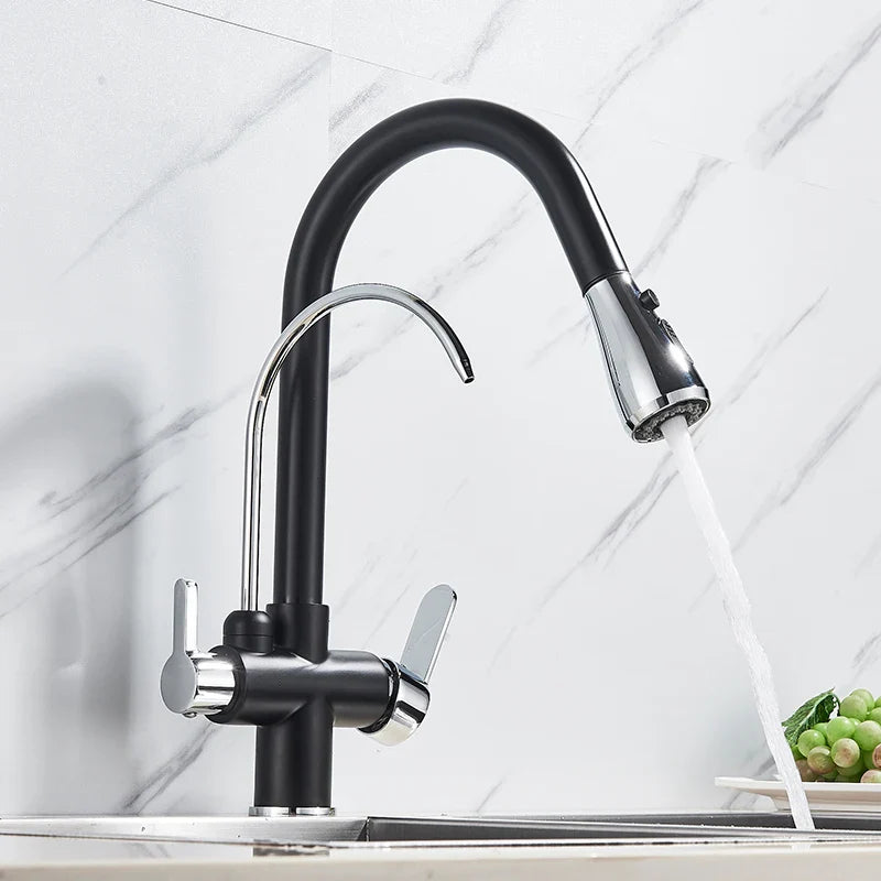 Black and chrome stainless steel single hole kitchen faucet with curved spout and pull-down spray head for purification water