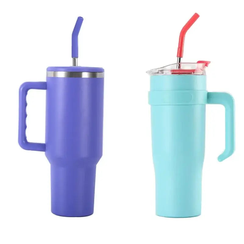 Purple and teal stainless steel sippy cup travel mugs with handles, straw lids, and metallic accents for kitchen use