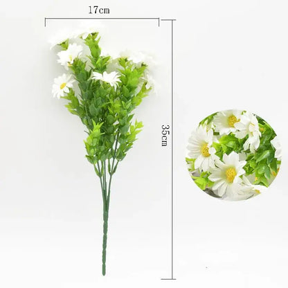 White artificial daisy bouquet green plant synthetic with green stems and leaves measuring 35cm tall for living room decor