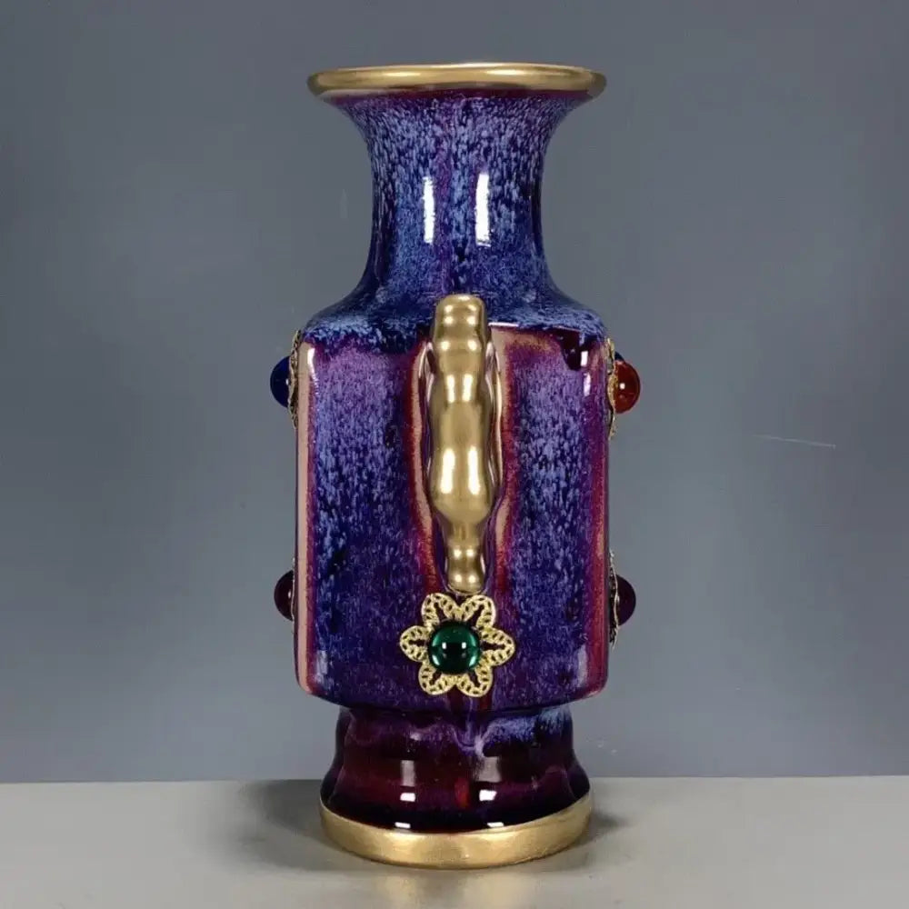 Glossy purple and blue jun porcelain gilded gemstone vase with gold handles and green floral motifs for living room decor