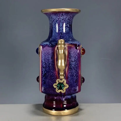 Glossy purple and blue jun porcelain gilded gemstone vase with gold handles and green floral motifs for living room decor