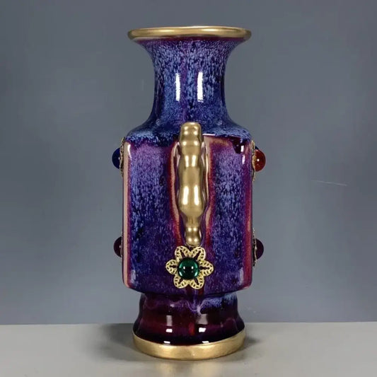 Glossy purple and blue jun porcelain gilded gemstone vase with gold handles and green floral motifs for living room decor