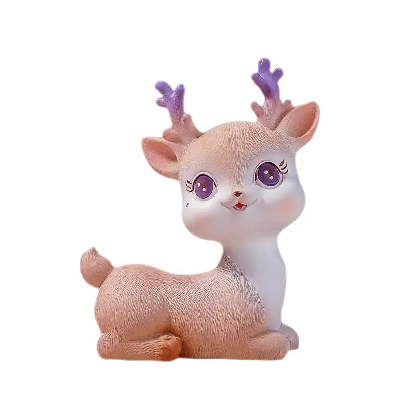Cute pink resin cartoon sika deer figurine with purple antlers and eyes for bedroom decor ornament