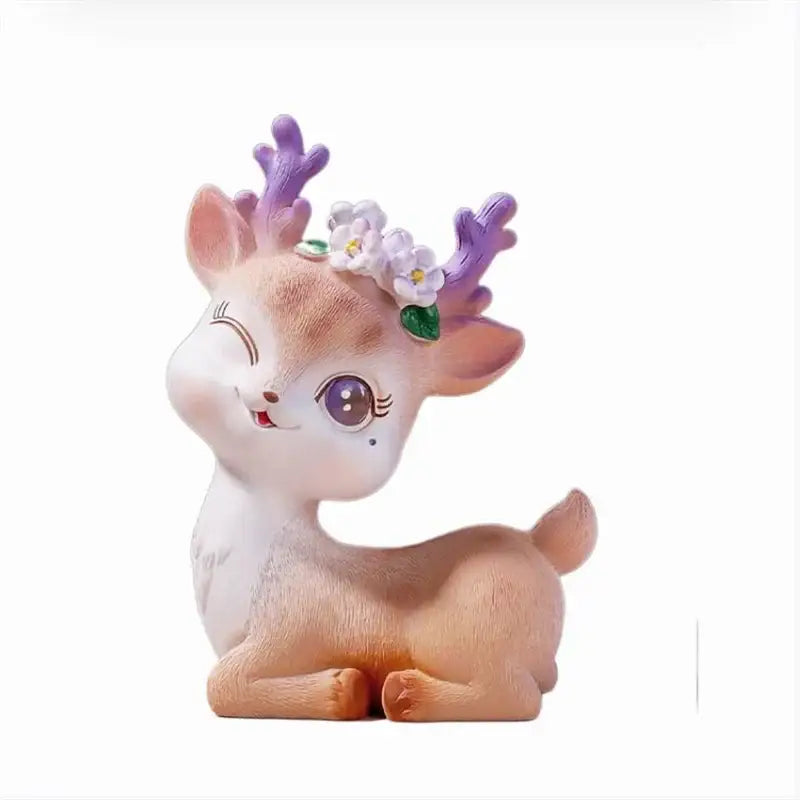Cute beige cartoon sika deer resin figurine with purple antlers, white flowers, green leaves, and expressive smiling face for decor