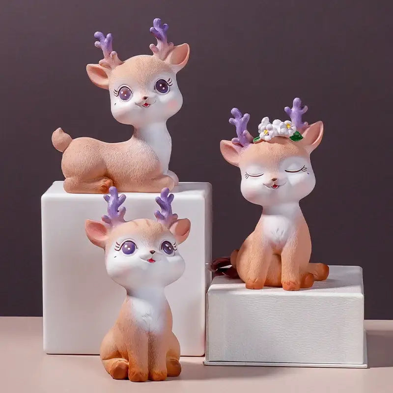 Cute beige and white cartoon sika deer resin figurines with purple antlers and floral crown bedroom decor