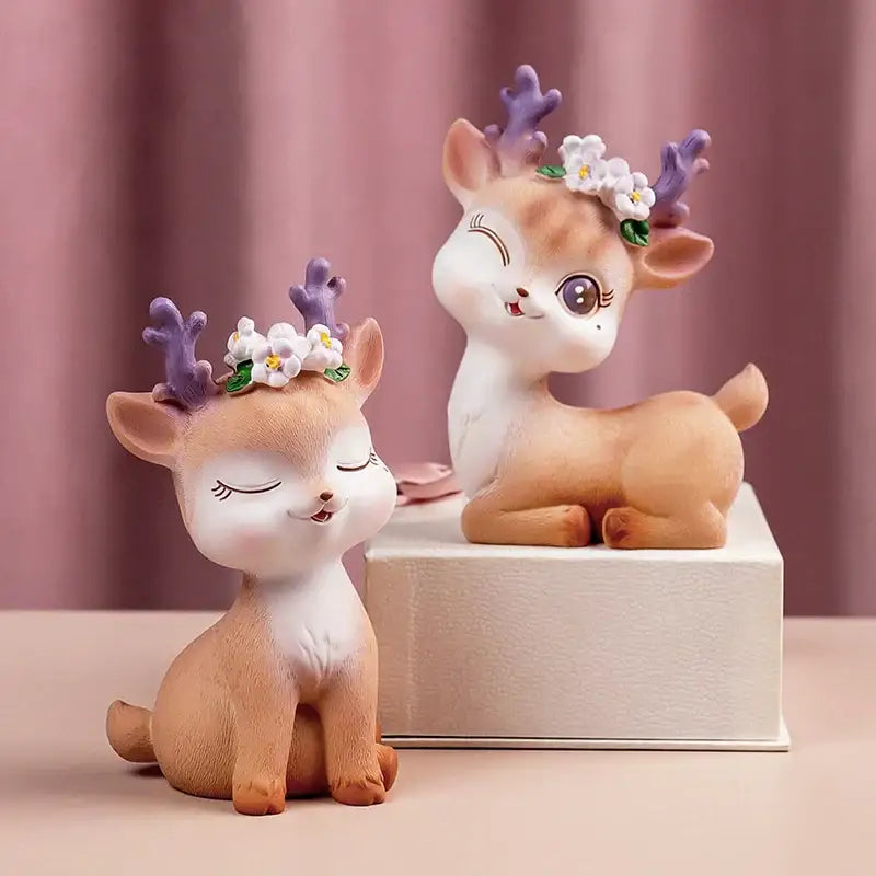 Cute beige and white cartoon sika deer resin figurines with purple antlers and white flowers for bedroom decor