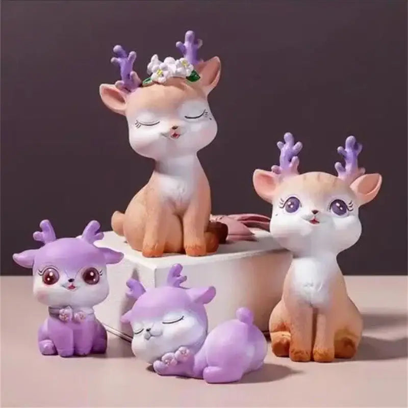 Cute purple and beige cartoon sika deer resin figurine with floral antlers and expressive eyes for bedroom decor