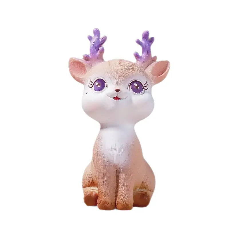 Cute beige and white sika deer resin ornament with purple antlers and sparkling eyes for bedroom decor