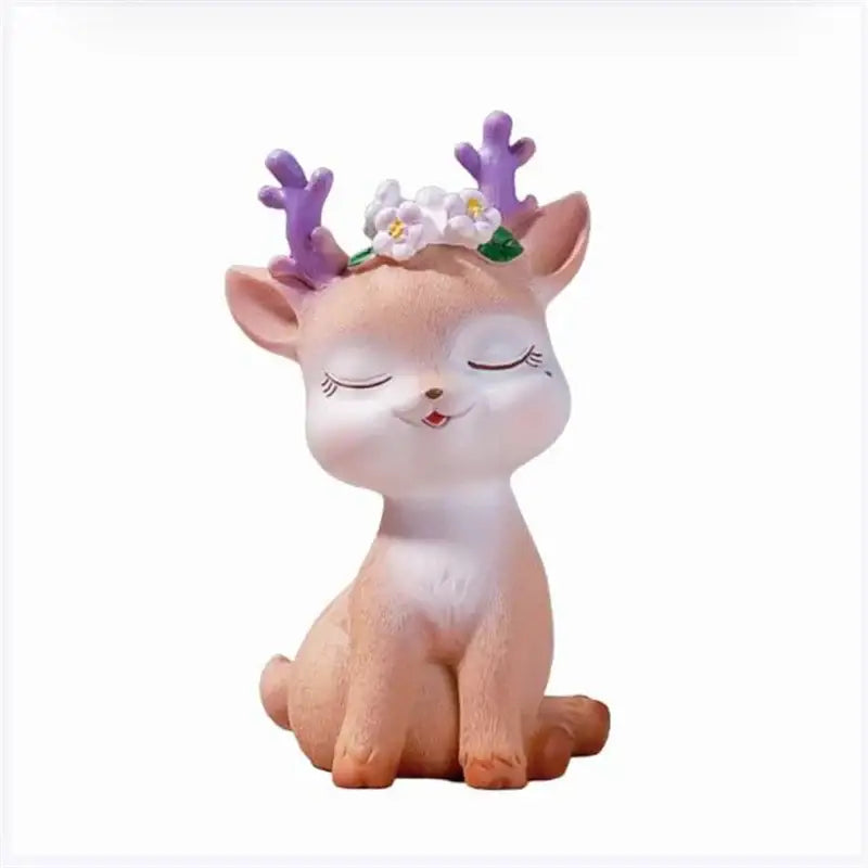 Cute pink cartoon sika deer resin figurine with purple antlers and white floral crown for bedroom decor
