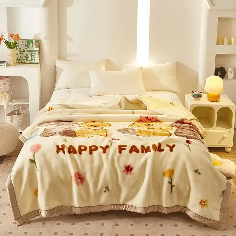 Cream-colored double layer raschel blanket with embroidered cartoon bears floral patterns and happy family text