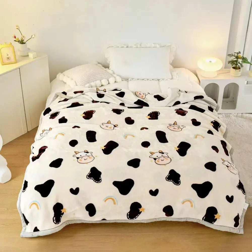 Purple and cream double layer raschel blanket featuring a white fleece with black cow faces hearts and rainbow arcs pattern