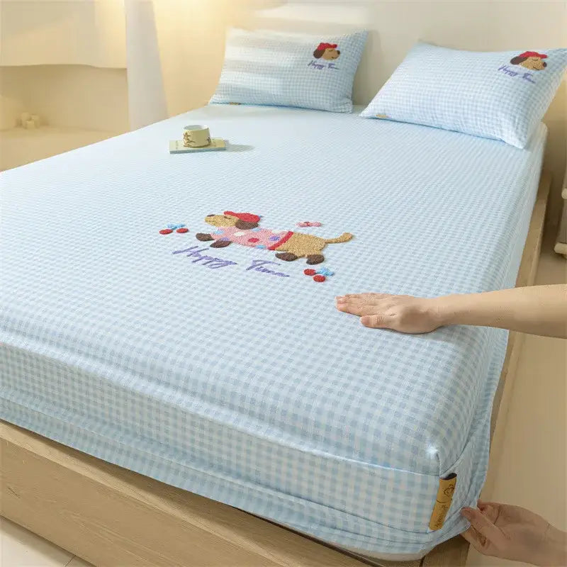Light blue checkered cotton fitted sheet with decorbites cartoon embroidered dog and happy you text for bedroom decor