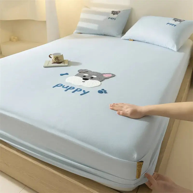 Light blue puppy-themed cotton fitted sheet with embroidered gray and white dog face paw prints decorbites cartoon embroidered