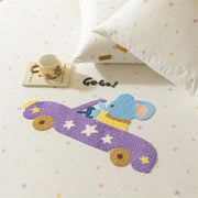 Purple plush elephant shaped rug with yellow wheels and white star details complementing decorbites cartoon embroidered fitted sheet