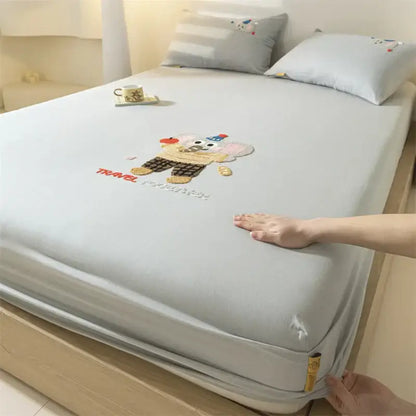 Light gray cotton fitted sheet with colorful purple elephant cartoon embroidered decorbites design and travel stitching