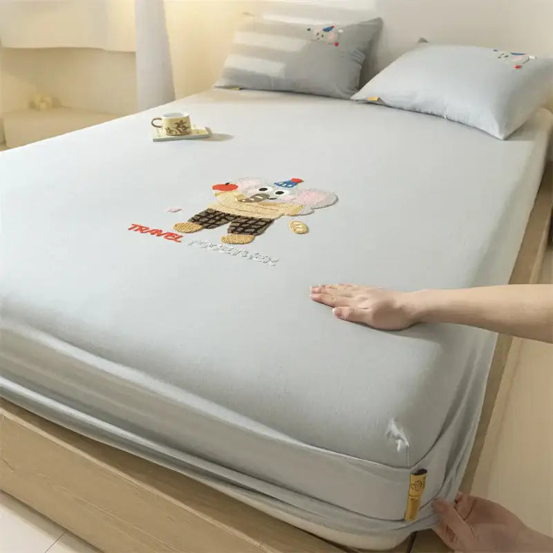 Light gray cotton fitted sheet with colorful purple elephant cartoon embroidered decorbites design and travel stitching