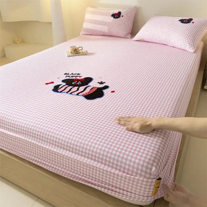 Purple elephant cartoon embroidered fitted sheet in cotton featuring pink and white checkered pattern with black puppy embroidery