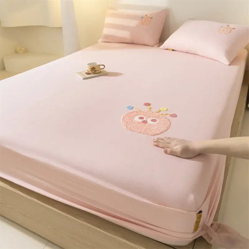 Pink embroidered giraffe fitted sheet with colorful sequin details and matching pillow set for decorbites cartoon embroidered bedding