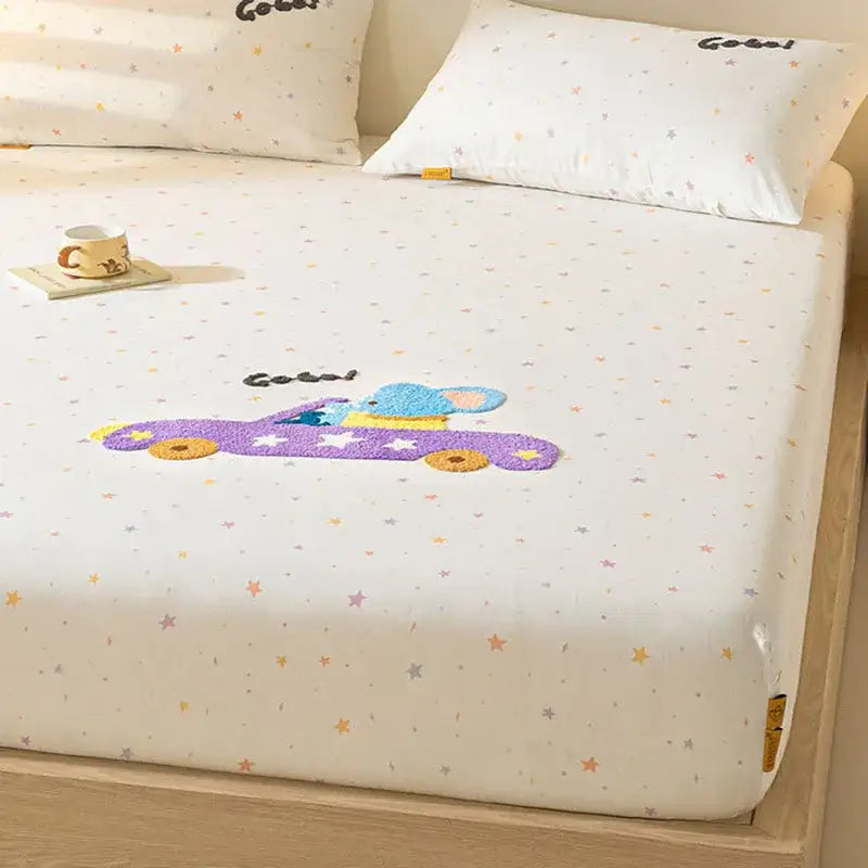 White cotton fitted sheet featuring a purple car with yellow wheels and blue mouse driver decorbites cartoon embroidered