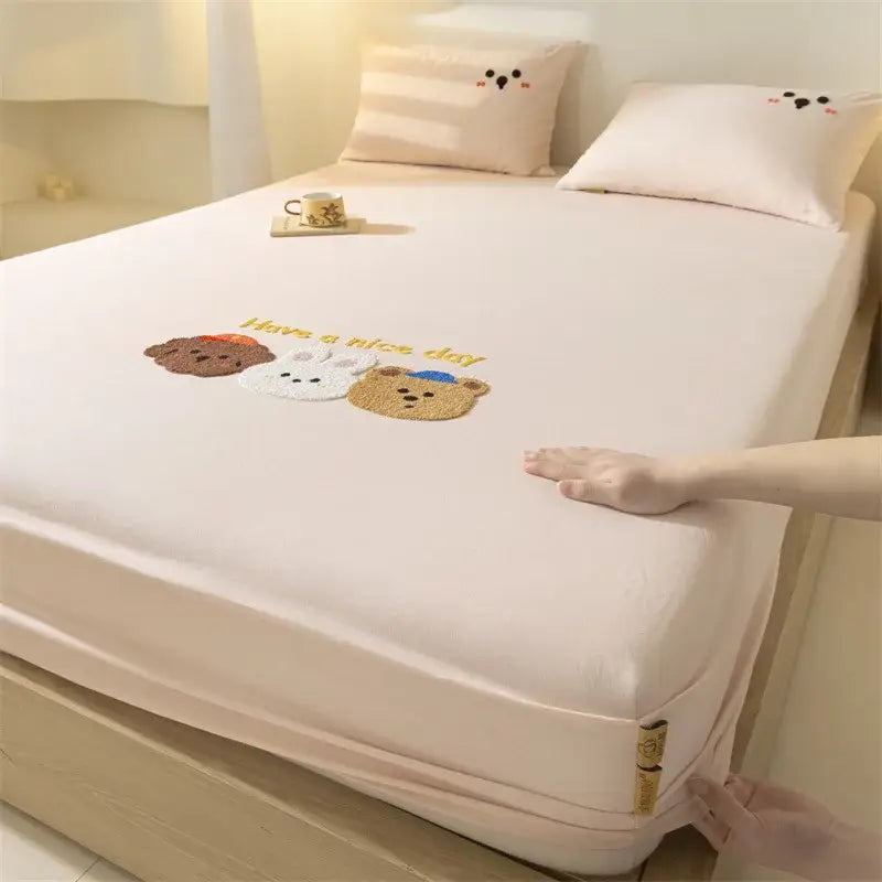 Soft pink cotton decorbites cartoon embroidered fitted sheet with bears and have a nice day phrase for bedroom decor