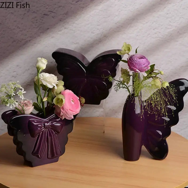 Purple glossy dark butterfly ceramic bow vase with decorative bows for elegant living room decor by decorbites dark butterfly
