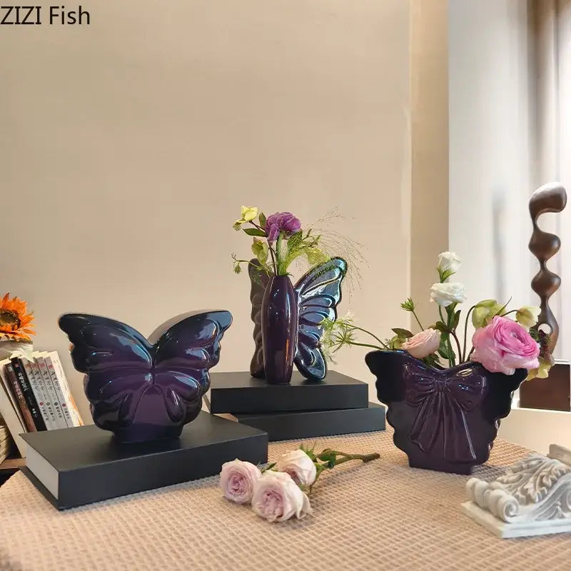 Deep purple glossy dark butterfly ceramic vases with intricate wing details for stylish living room decorbites dark butterfly decor