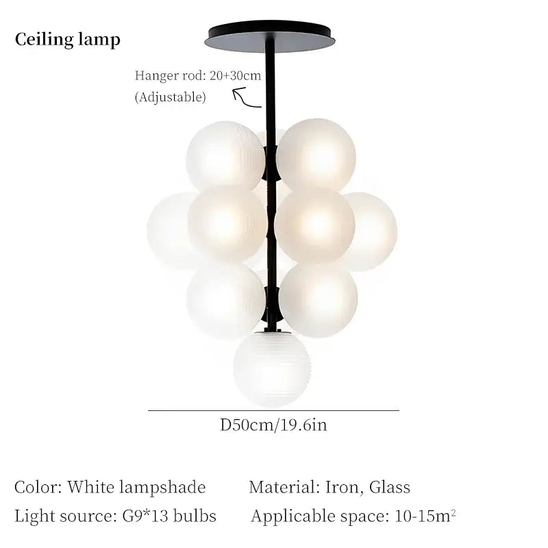 Modern living room light with black iron frame and frosted glass spheres in the decorbites grape chandelier design