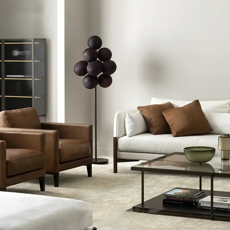 Dark brown spherical globe floor lamp with sleek black stand designed for decorbites grape chandelier modern lighting