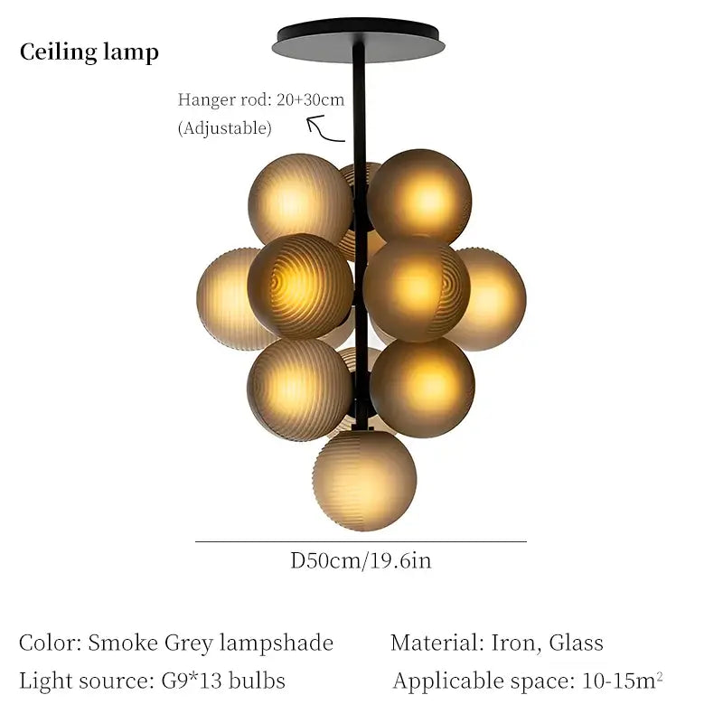 Modern living room light decorbites grape chandelier with black iron frame and amber glass spheres cluster design