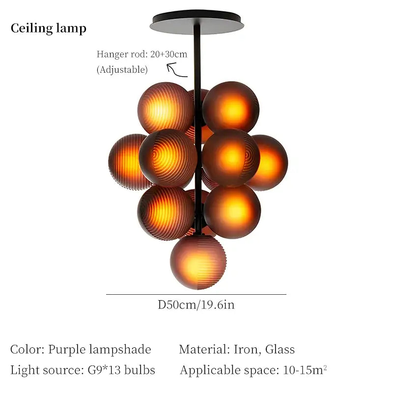 A modern decorbites grape chandelier featuring amber glass spheres with concentric ridges on black iron rods
