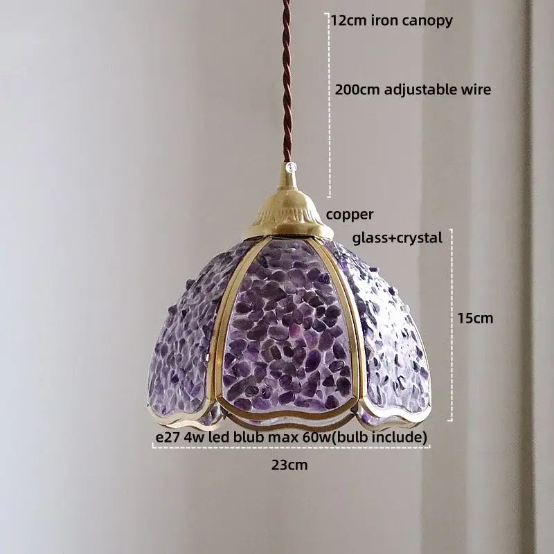 Purple mosaic crystal glass led pendant light with copper accents for living room decorbites crystal glass design