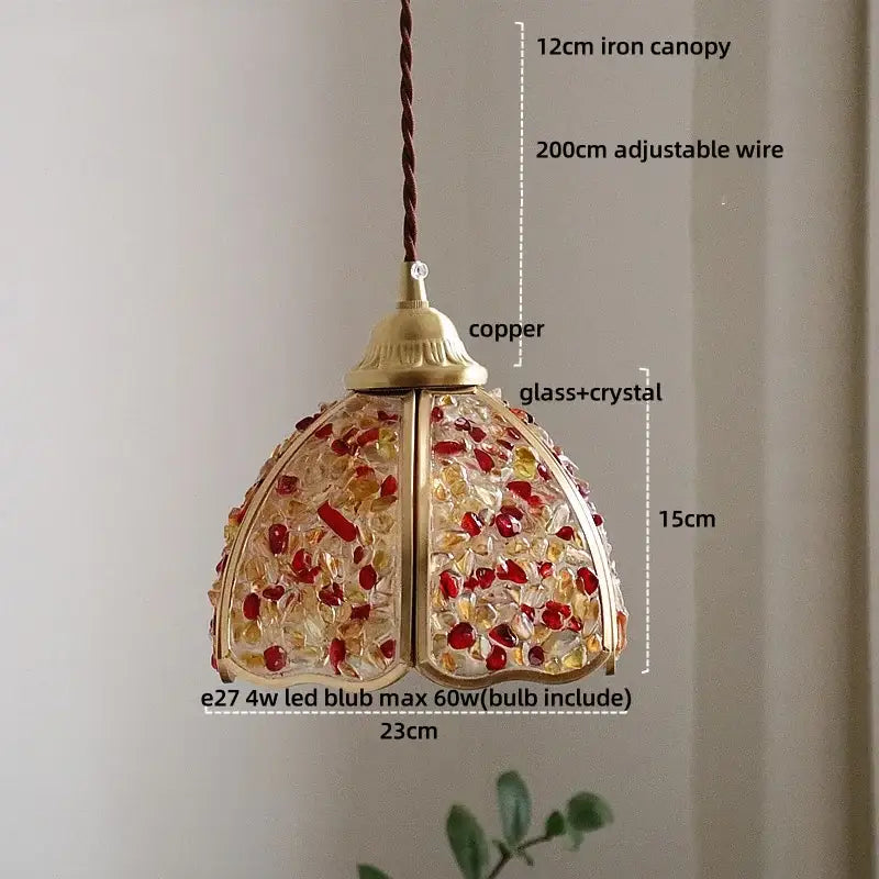 Purple mosaic crystal glass led pendant light with copper frame and red amber decorbites crystal glass shade for living room