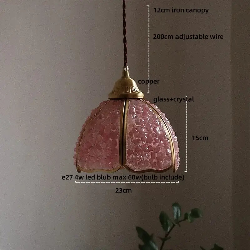 Delicate pink crystal glass led pendant light with copper finish and intricate design for living room decorbites crystal glass