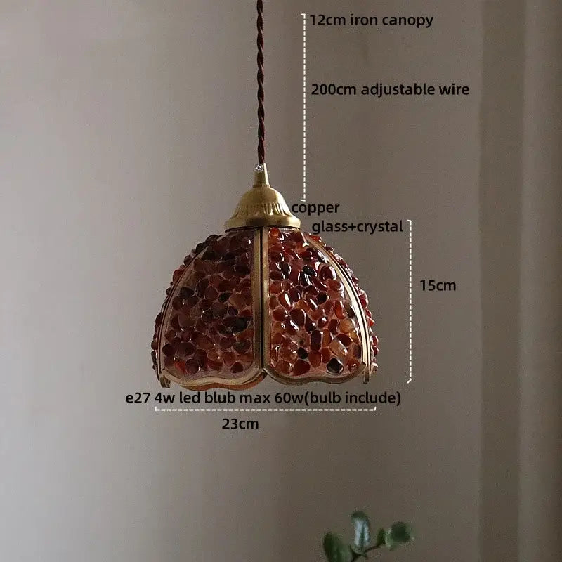 A warm amber glass and crystal pendant light with copper finish and adjustable wire suspension for decorbites crystal glass led
