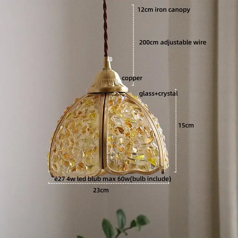A warm-toned purple mosaic crystal glass led pendant light with brass-finished copper canopy for living room decorbites crystal glass