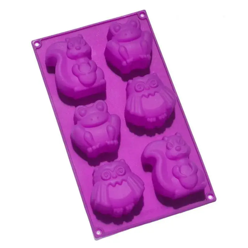 Purple owl cartoon animal silicone cake mould featuring six cute animal shapes including squirrels and frogs