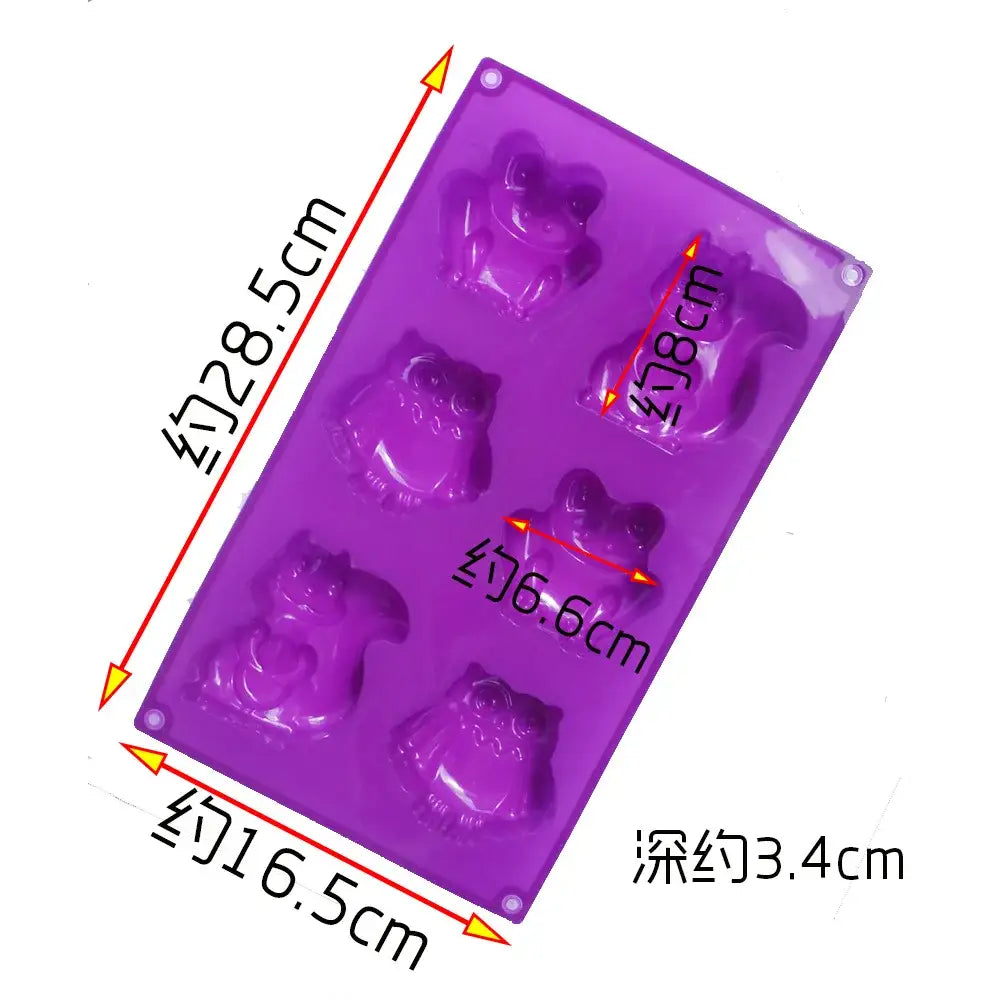 Purple silicone cartoon animal cake mould with six owl-shaped cavities for decorbites kitchen diy bakeware