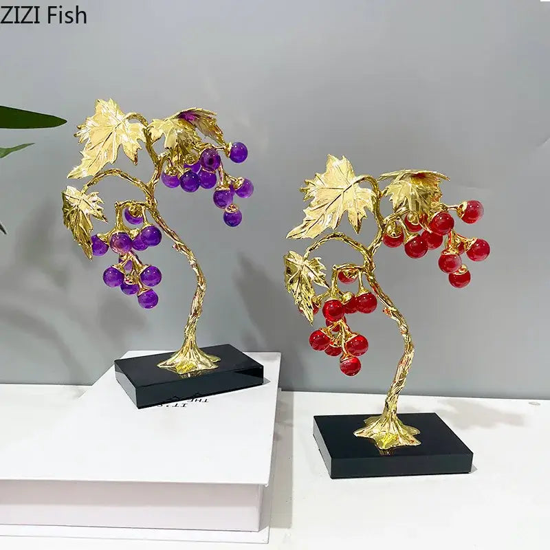 Golden crystal grape tree ornaments with purple and red glass berries on black bases for living room decorbites decor