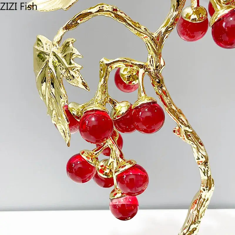 Golden branch ornament with glossy red berries and detailed leaves for decorbites crystal grape tree decor