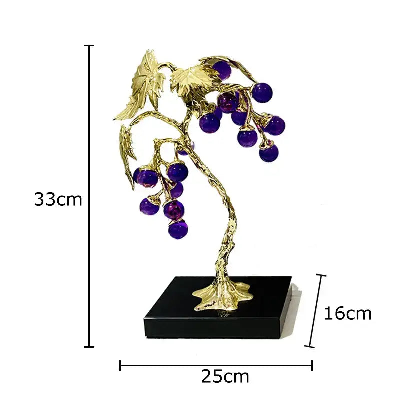 Golden crystal grape tree sculpture with purple gemstone grapes and leaves on black base for decorbites crystal grape decor