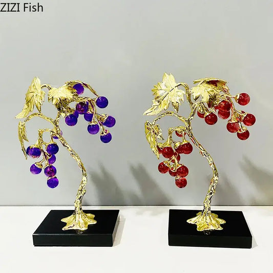 Golden crystal grape tree ornaments with purple and red glass berries on black bases for living room decorbites decor