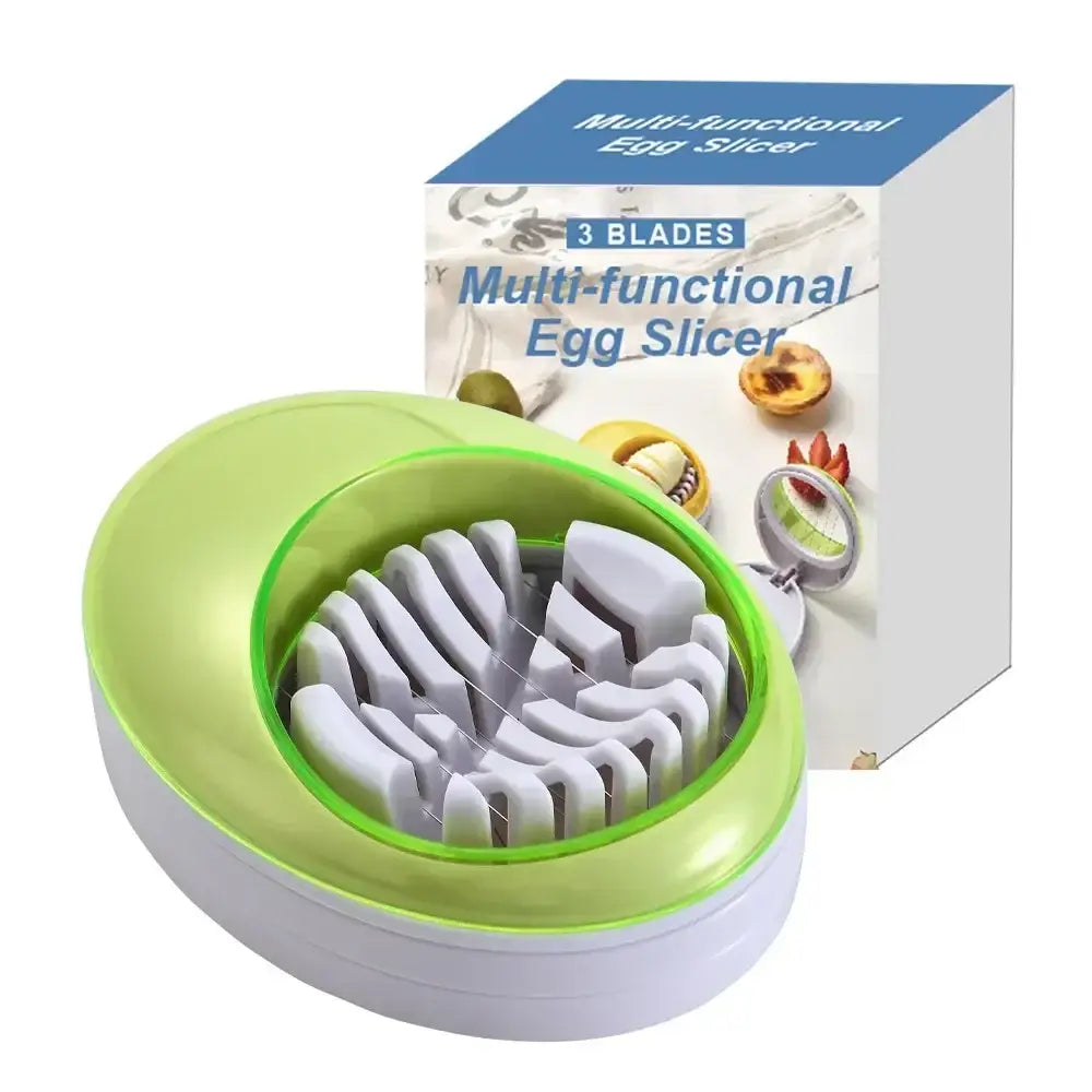 Lime green and white multifunctional egg cutter slicer with three blades for precise slicing and cutting in kitchen use