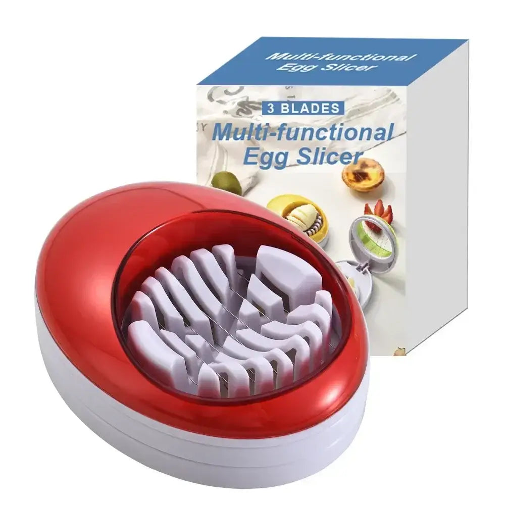 Red and white multi-functional egg cutter slicer with three blades for precise slicing kitchen tool