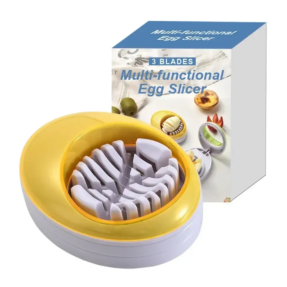 Yellow and white multi-functional egg cutter slicer with three blades for precise slicing kitchen tool