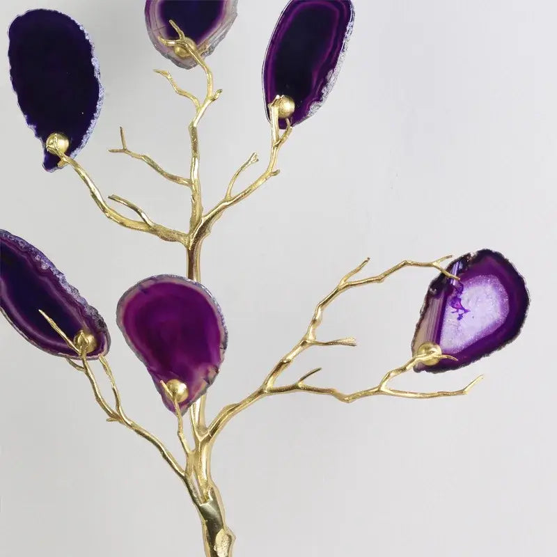 Decorative agate tree metal handicraft with golden branches and deep purple agate slices for living room decor