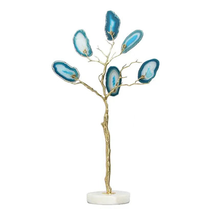 Decorative agate tree metal handicraft with gold-toned trunk and translucent blue agate slices for living room decor