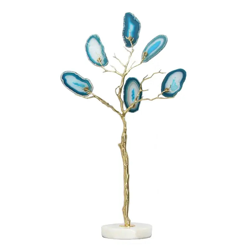 Decorative agate tree metal handicraft with gold-toned trunk and translucent blue agate slices for living room decor