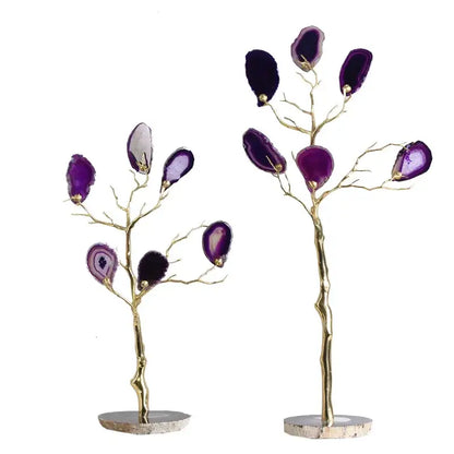 Elegant purple and teal agate tree metal handicraft with gold-toned branches and bases for living room decor