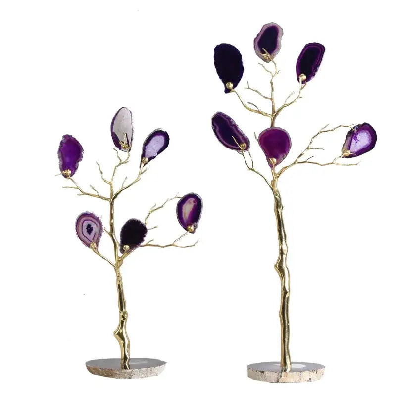 Elegant purple and teal agate tree metal handicraft with gold-toned branches and bases for living room decor
