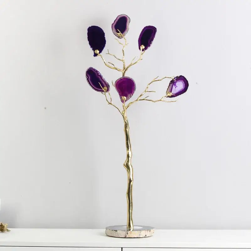 Purple and teal agate tree metal handicraft with gold-toned branches and stone base for living room decor